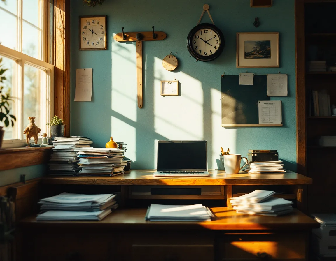Payroom's tidy McCurtain office desk with ledgers, receipts and a laptop in warm afternoon light